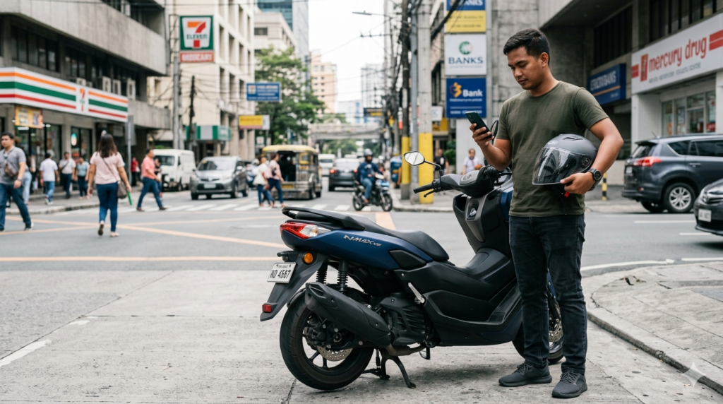 A Filipino man stands beside a parked Yamaha NMAX V2 scooter on a Makati street, reviewing a message on his phone while holding a half-face helmet under his arm.
