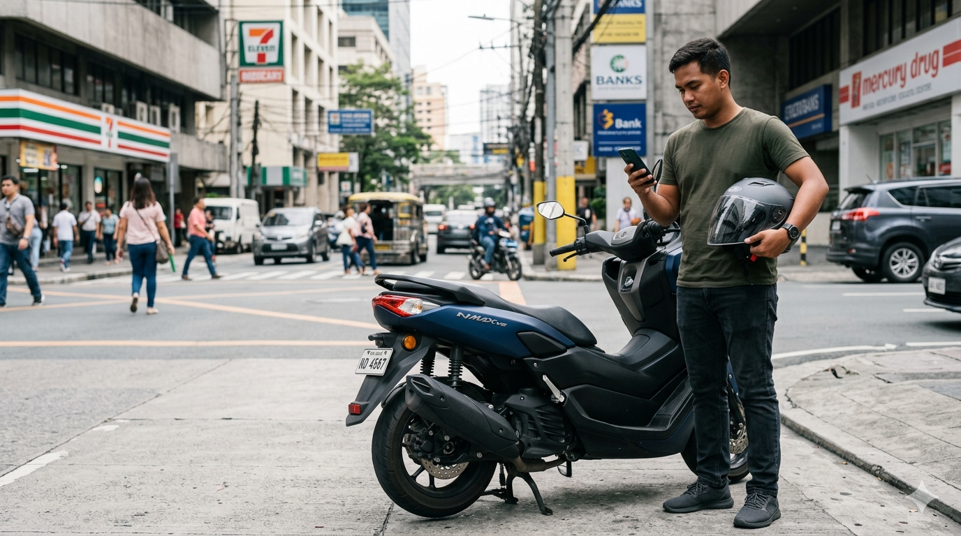 A Filipino man stands beside a parked Yamaha NMAX V2 scooter on a Makati street, reviewing a message on his phone while holding a half-face helmet under his arm.