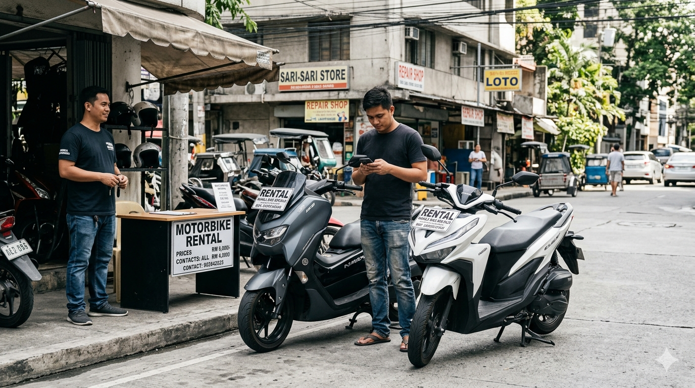 motorbike-rental-stall-makati-nmax-click-ph A Filipino renter reviews bike photos on their phone beside a Yamaha NMAX V2 and Honda Click 160 at a motorcycle rental stall on a Makati side street.