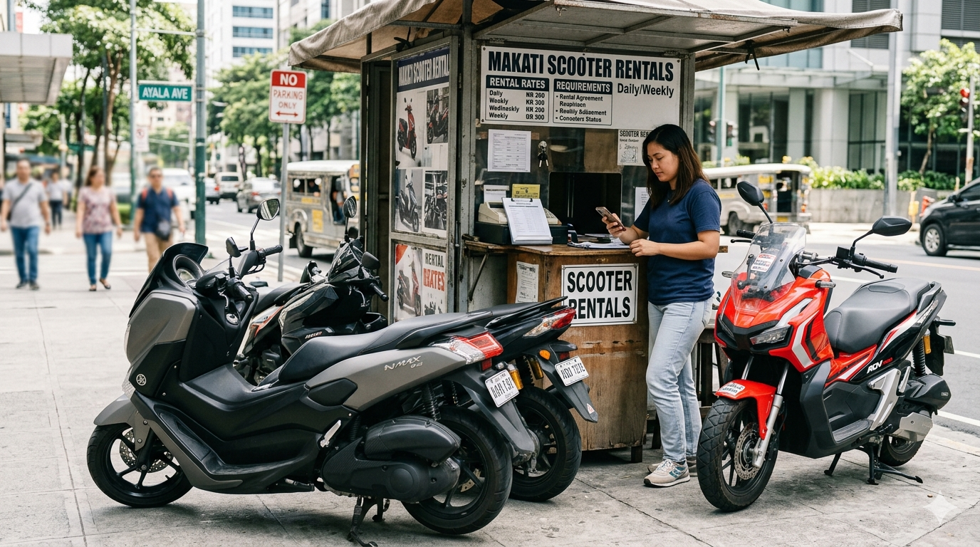 motorcycle-rental-counter-makati-nmax-adv160-ph A Filipino renter checks their phone at a motorcycle rental stall in Makati, with a Yamaha NMAX V2 and Honda ADV 160 parked beside the counter on a bright afternoon.