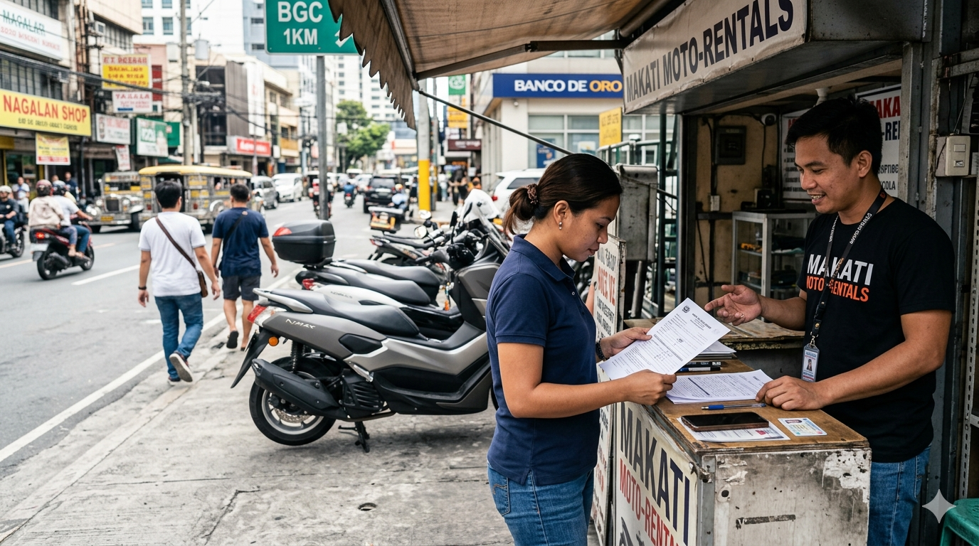 A Filipino woman reviews motorcycle rental paperwork at a Rent2Ride Manila stall in Makati, with a Yamaha NMAX V2 parked beside the counter.