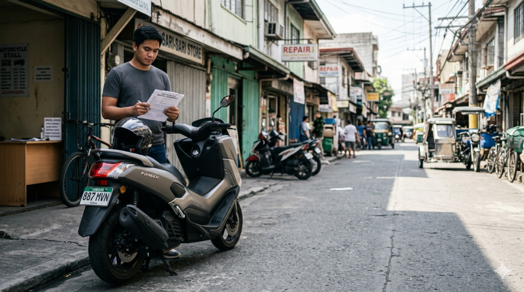 A Filipino renter reviews paperwork beside a parked Yamaha NMAX V2 scooter at a small rental stall on a Makati street.