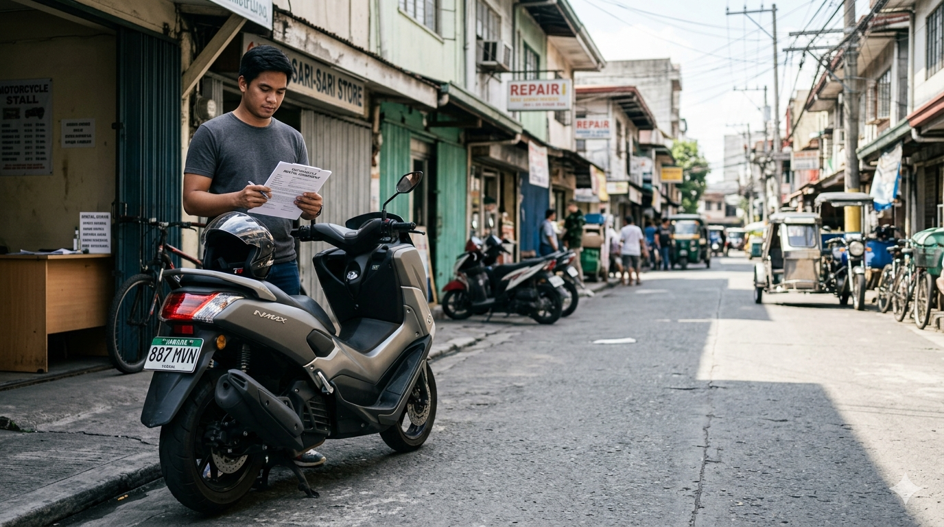 A Filipino renter reviews paperwork beside a parked Yamaha NMAX V2 scooter at a small rental stall on a Makati street.