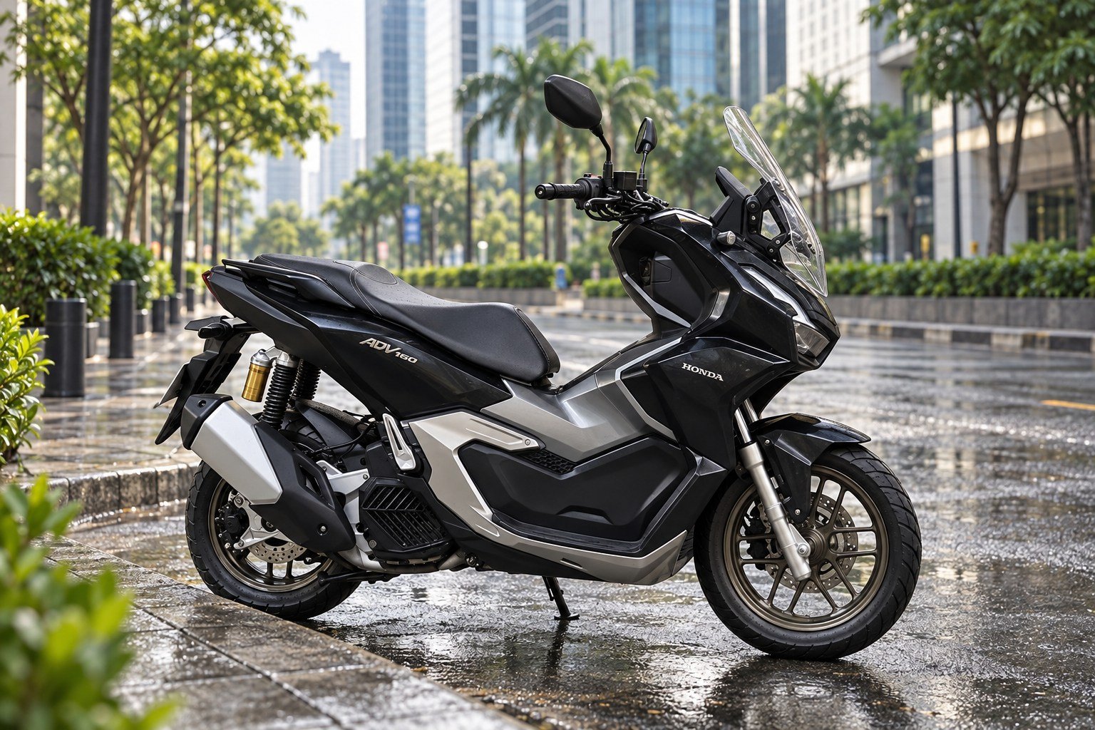 Black Honda ADV 160 scooter parked on a rain-fresh street in Metro Manila