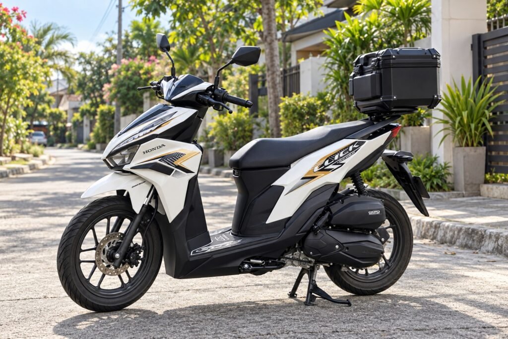 White and gold Honda Click 125 scooter with a top box on a residential street in Metro Manila