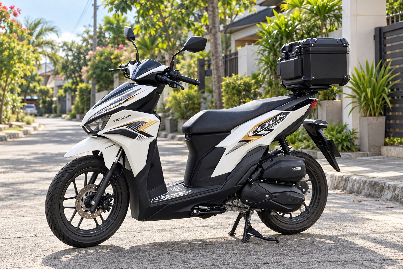 Honda Click 125 in Metro Manila White and gold Honda Click 125 scooter with a top box on a residential street in Metro Manila