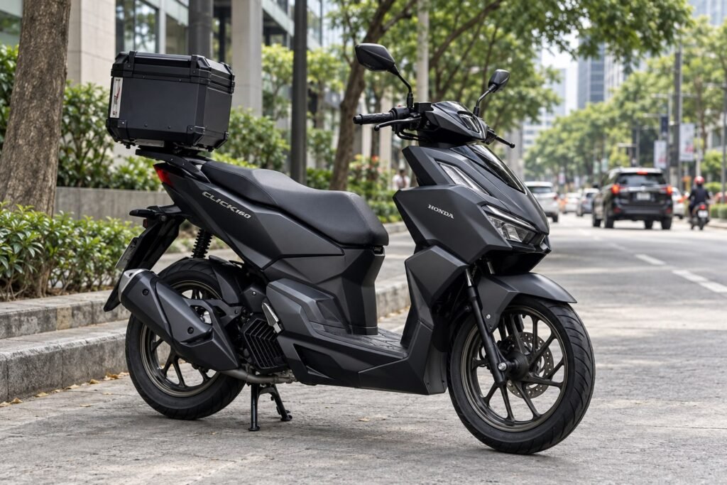 Dark grey Honda Click 160 scooter with a top box parked on a street in Makati