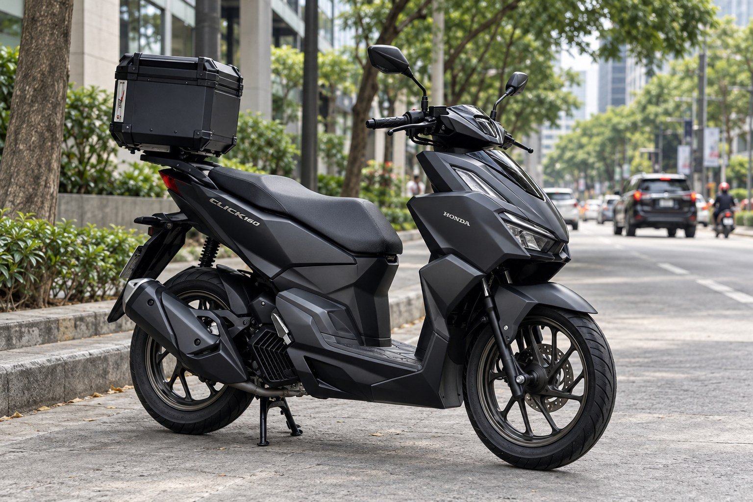 Dark grey Honda Click 160 scooter with a top box parked on a street in Makati