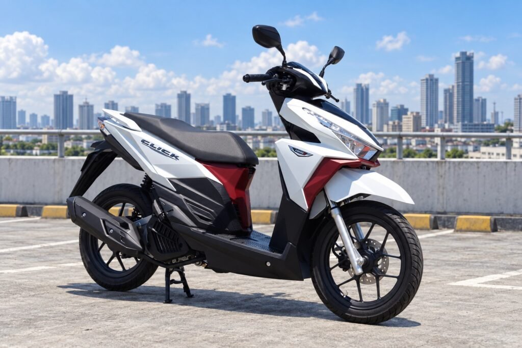 White red and black Honda Click generation scooter on a rooftop in Metro Manila