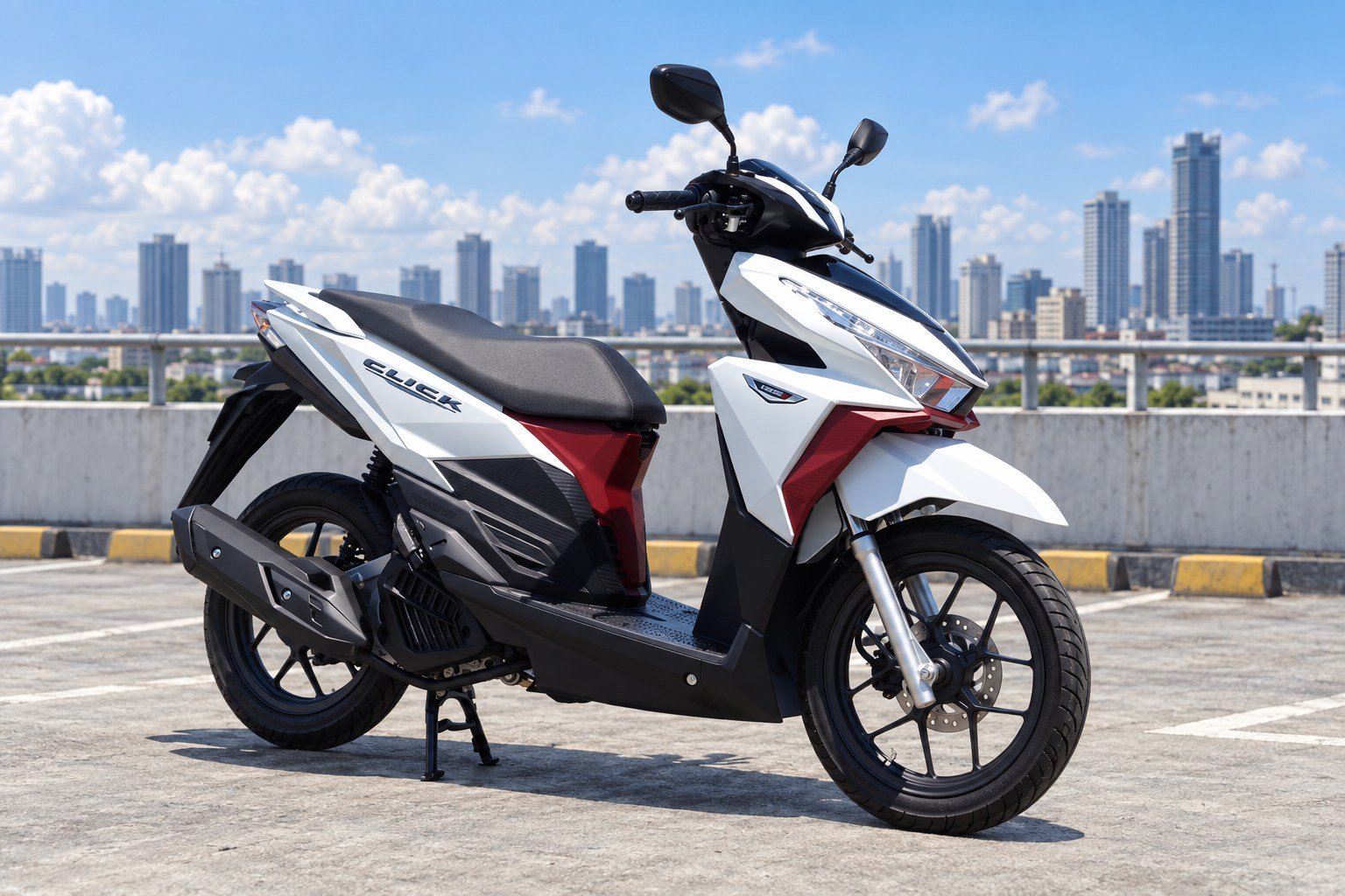 White red and black Honda Click generation scooter on a rooftop in Metro Manila