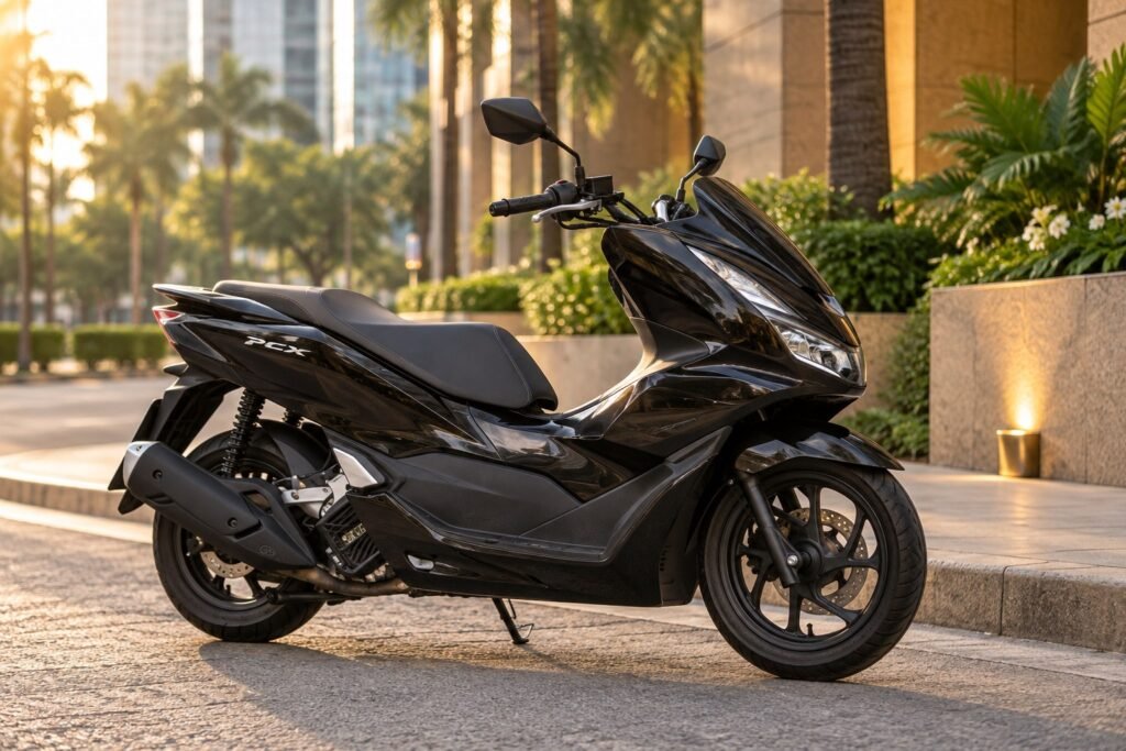 Black Honda PCX 160 scooter parked on a landscaped street in Makati at golden hour