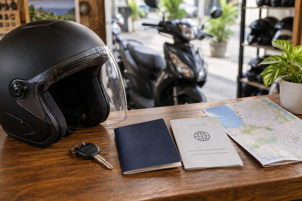 Motorcycle helmet, passport, driving permit booklet, key and Manila map on a rental counter