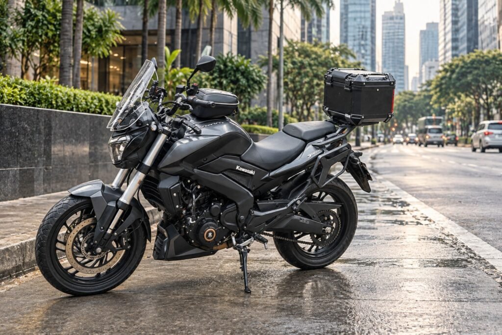Dark grey Kawasaki Dominar 400 UG motorcycle parked on a street in Makati, Metro Manila