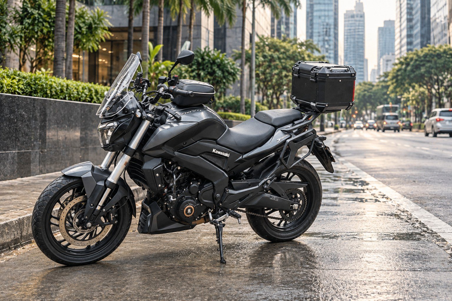 Dark grey Kawasaki Dominar 400 UG motorcycle parked on a street in Makati, Metro Manila