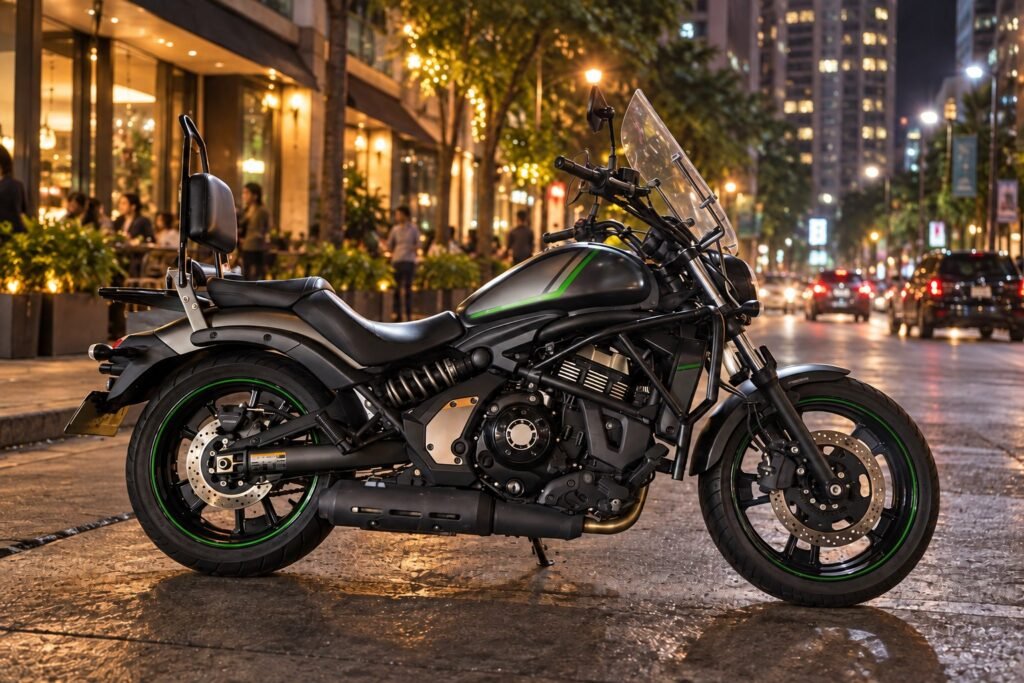 Black Kawasaki Vulcan S cruiser motorcycle parked on a Makati street at night