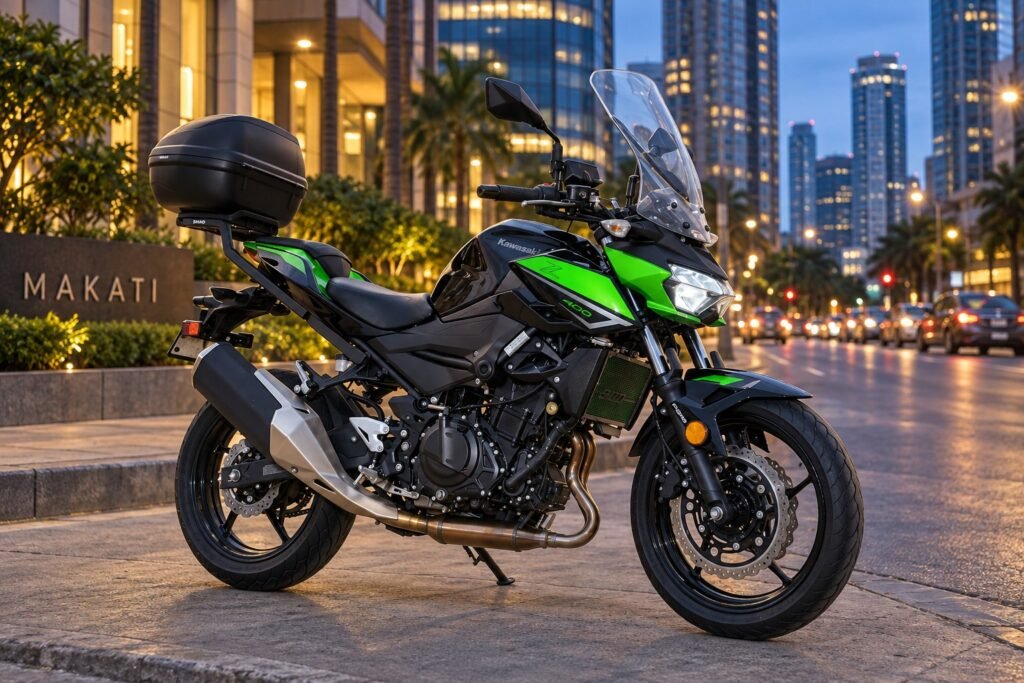 Black and green Kawasaki Z400 motorcycle parked in Makati at blue hour
