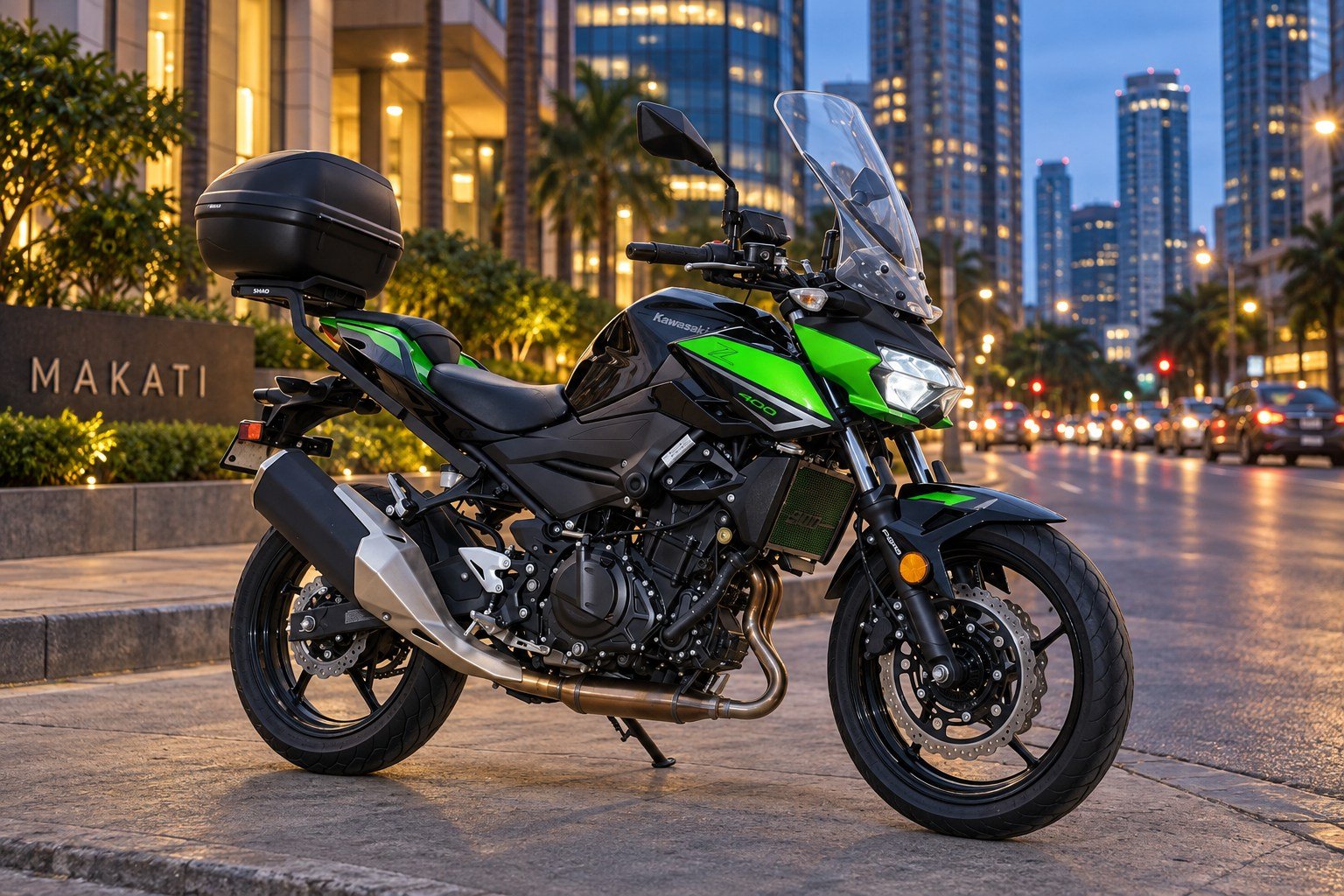 Kawasaki Z400 in Makati Black and green Kawasaki Z400 motorcycle parked in Makati at blue hour