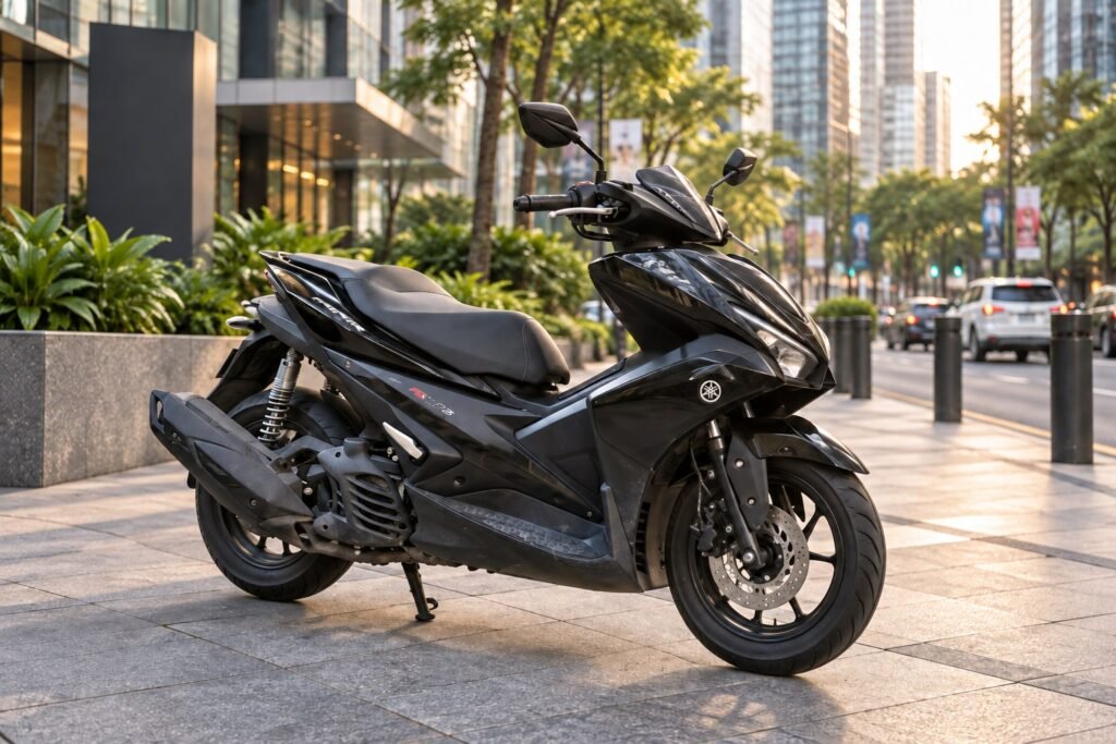 Black Yamaha Aerox 155 scooter parked beside a modern street in Metro Manila