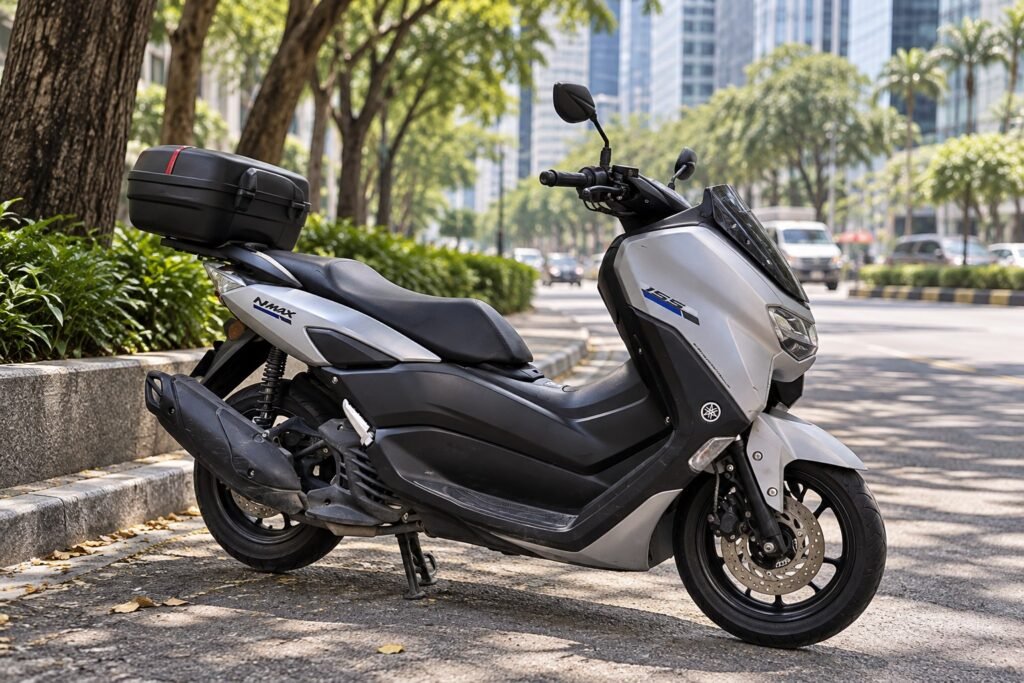 Silver Yamaha NMAX 155 scooter with a top box parked beside a tree-lined Makati boulevard